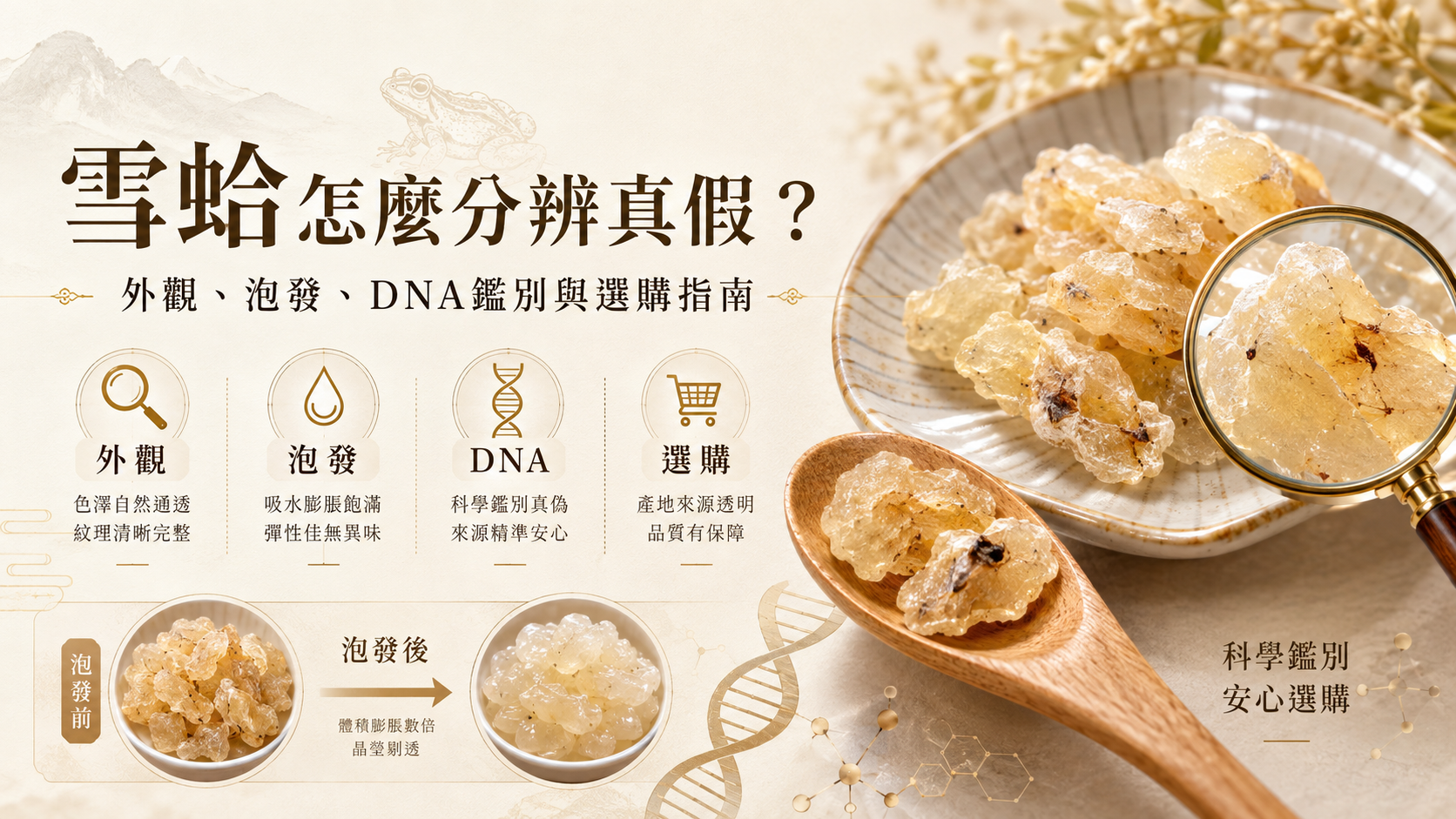 雪蛤怎麼分辨真假?泡得越大就是真的嗎?本文解析雪蛤來源、常見混充原料、外觀與泡發迷思,以及DNA、PCR與蛋白質指紋等專業鑑別方法。