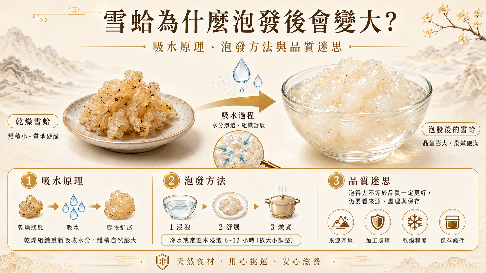 雪蛤為什麼泡水後會變大?從乾燥組織復水、親水性成分與組織舒展解析雪蛤泡發原理,並說明泡多久、如何冷藏及泡發倍率是否代表品質。