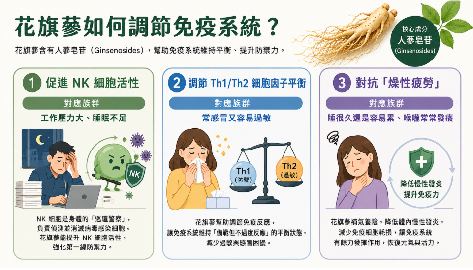 花旗蔘與免疫相關功效示意圖